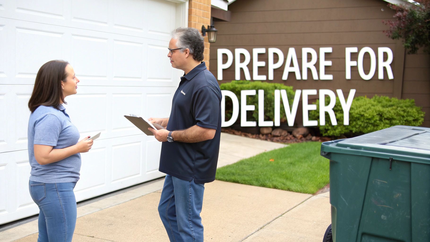 A man with a clipboard talks to a woman on a driveway with a 'Prepare for Delivery' sign.