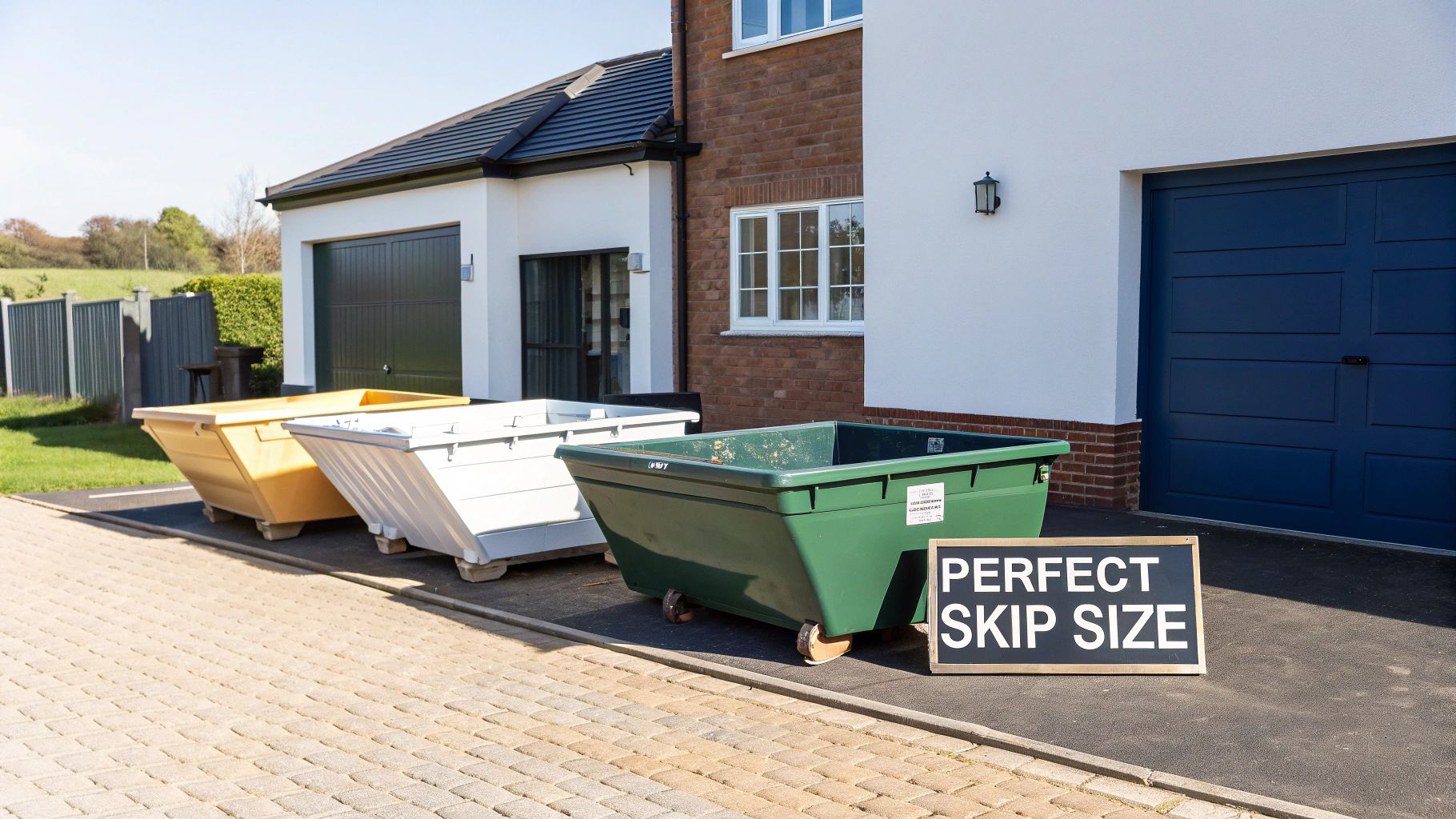 Three skips of varying sizes and colors, including a green one with a 'PERFECT SKIP SIZE' sign, outside a modern home.