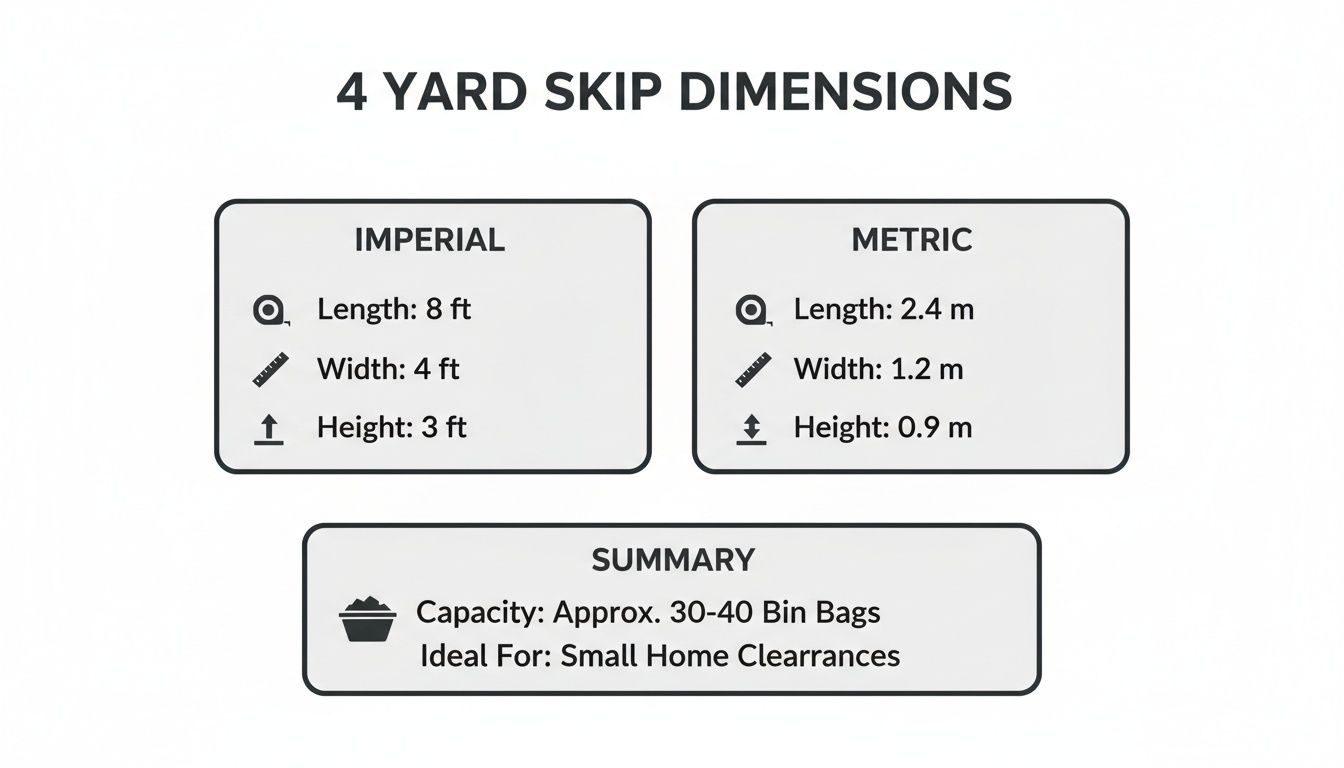 Infographic about dimensions of a 4 yard skip