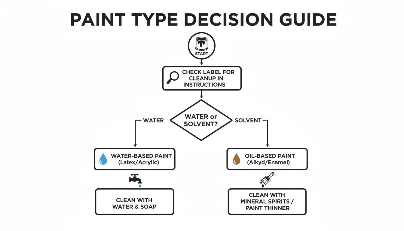 A paint type decision guide flow chart for cleanup, determining if paint is water-based or oil-based.