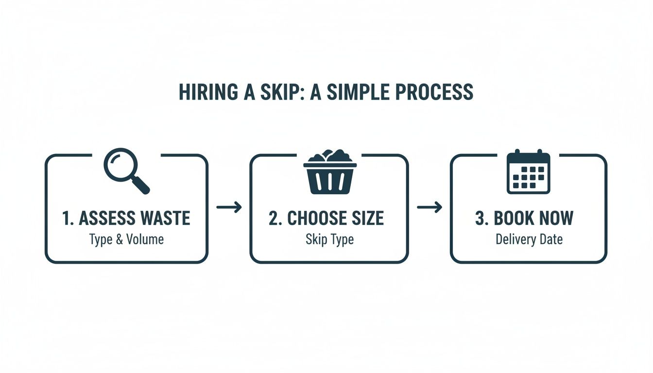 A simple 3-step process infographic for hiring a skip: assess waste, choose size, and book delivery.