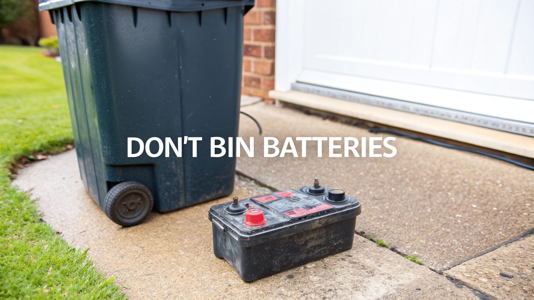 An old car battery on the ground next to a dark green wheelie bin, with text 'DON'T BIN BATTERIES'.
