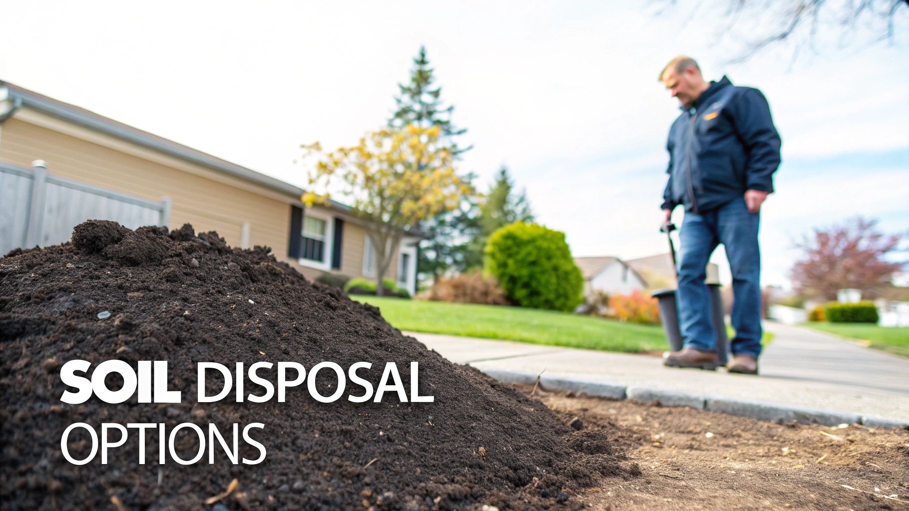 A man pulls a cart past a large pile of dark soil on a residential sidewalk, promoting 'Soil Disposal Options'.