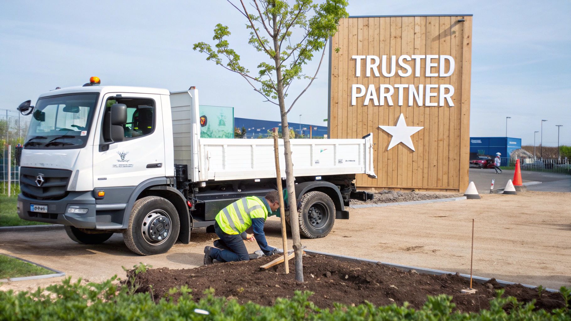 A person in a hi-vis vest tends to a young tree next to a white dump truck and a "Trusted Partner" sign.