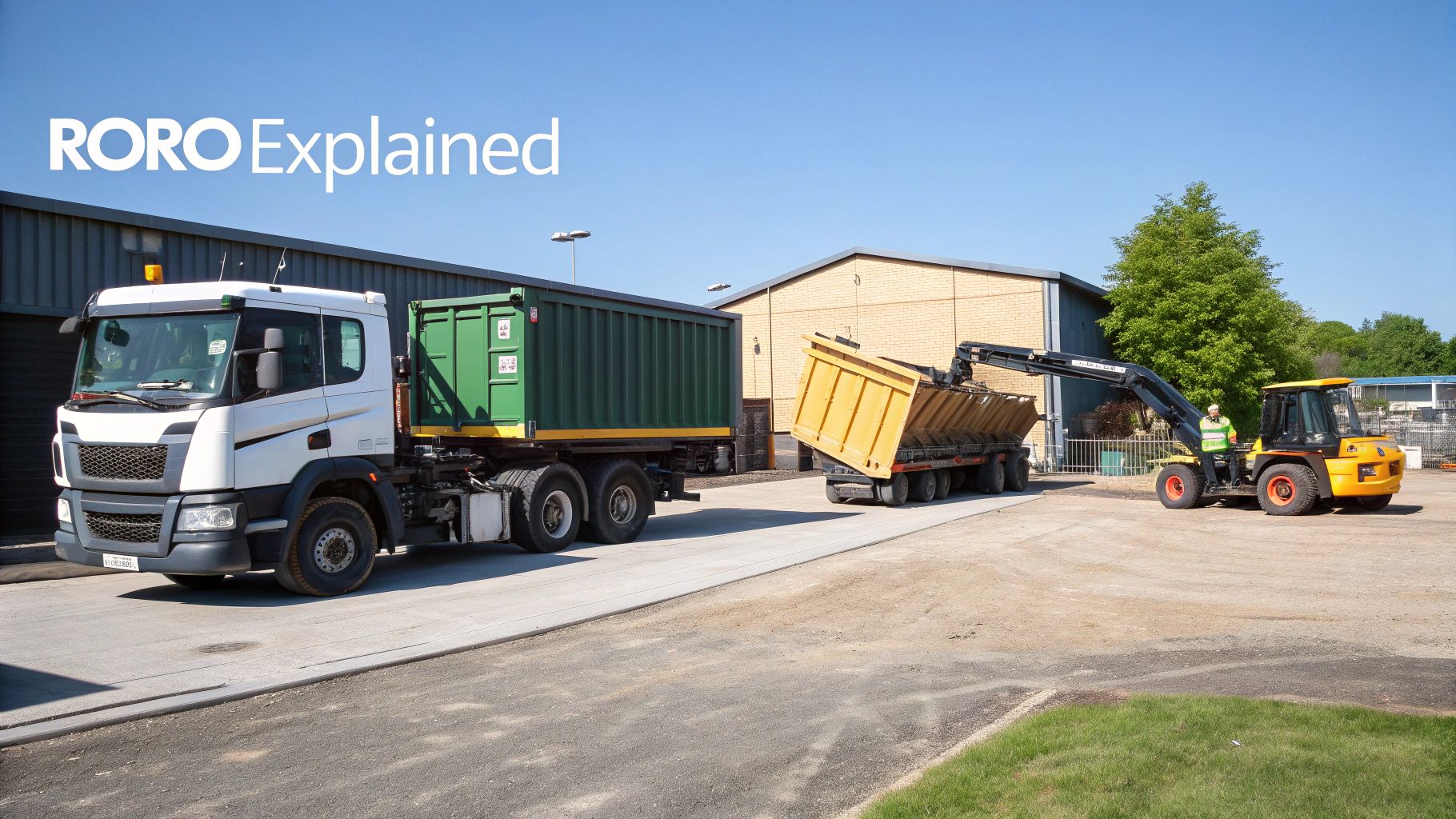 A large, blue roll on roll off skip being delivered to a construction site by a specialised lorry.