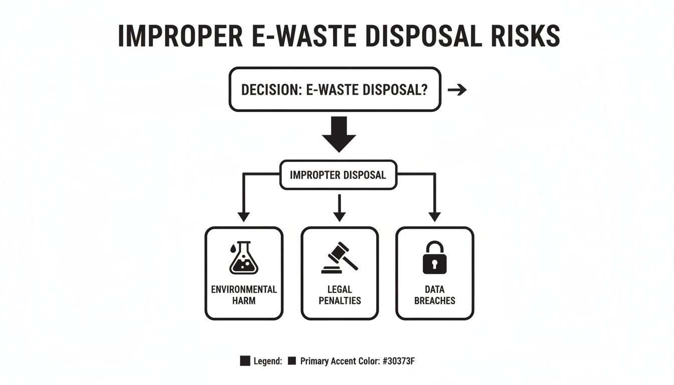 Flowchart illustrating the severe risks associated with improper e-waste disposal, including environmental harm, legal penalties, and data breaches.