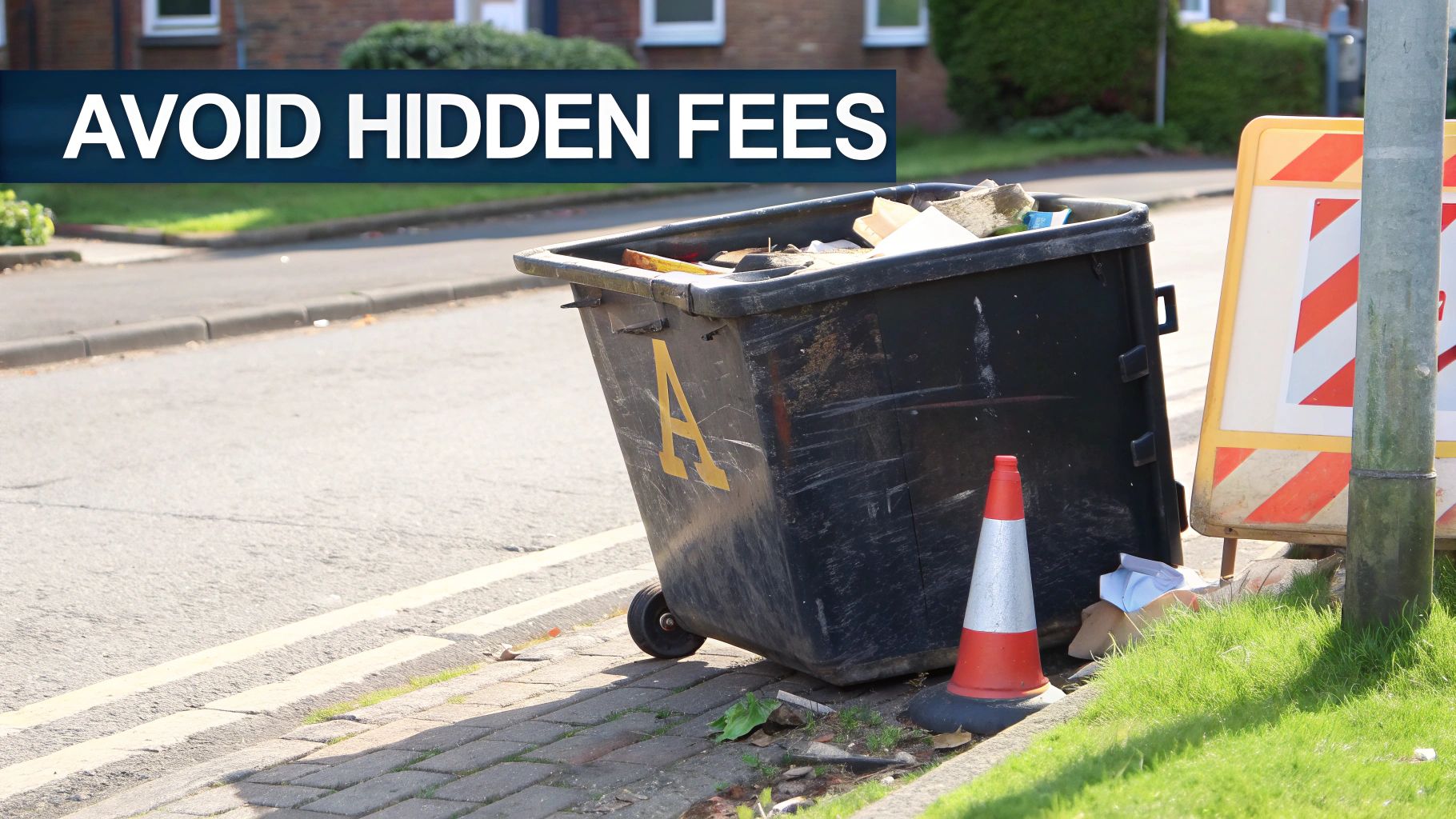 Overflowing black skip bin on a street curb with a traffic cone and an 'AVOID HIDDEN FEES' banner.