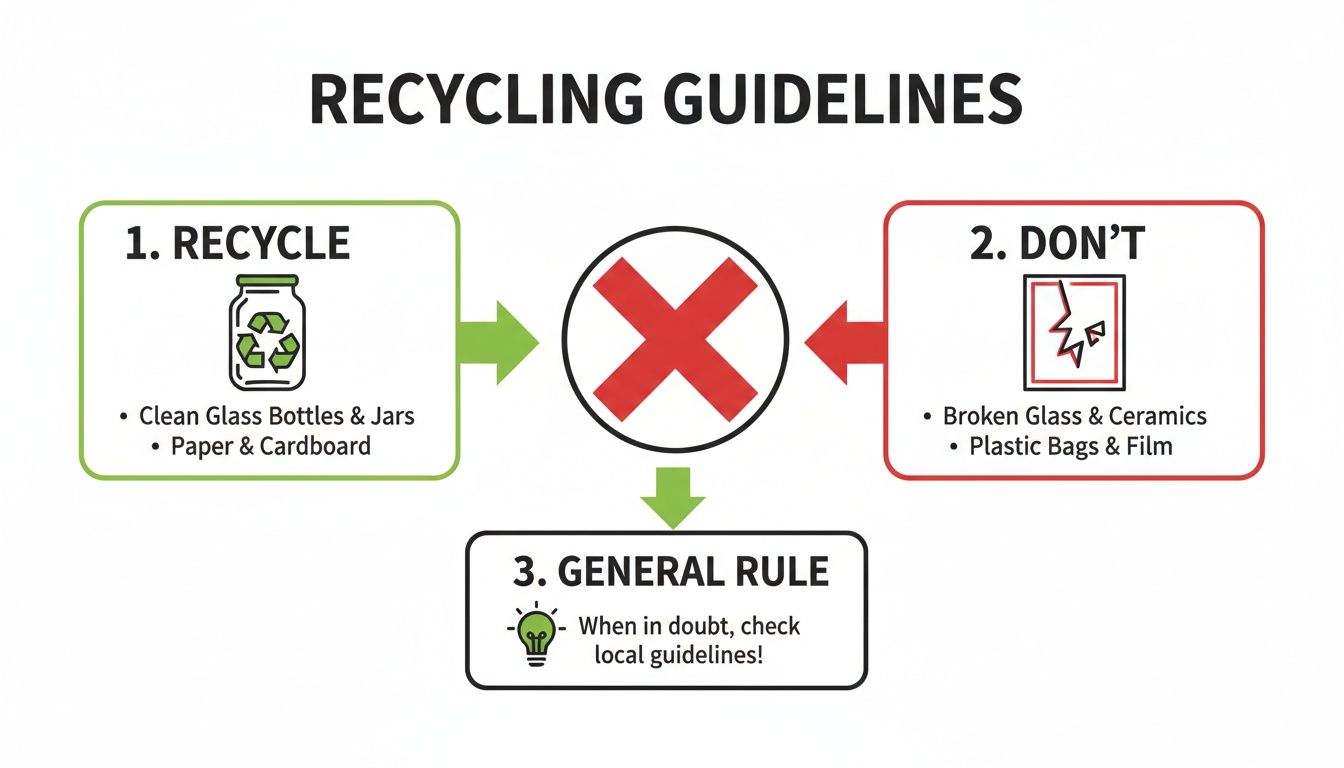 Infographic illustrating recycling guidelines: what to recycle, what not to, and a general rule to check local guidelines.
