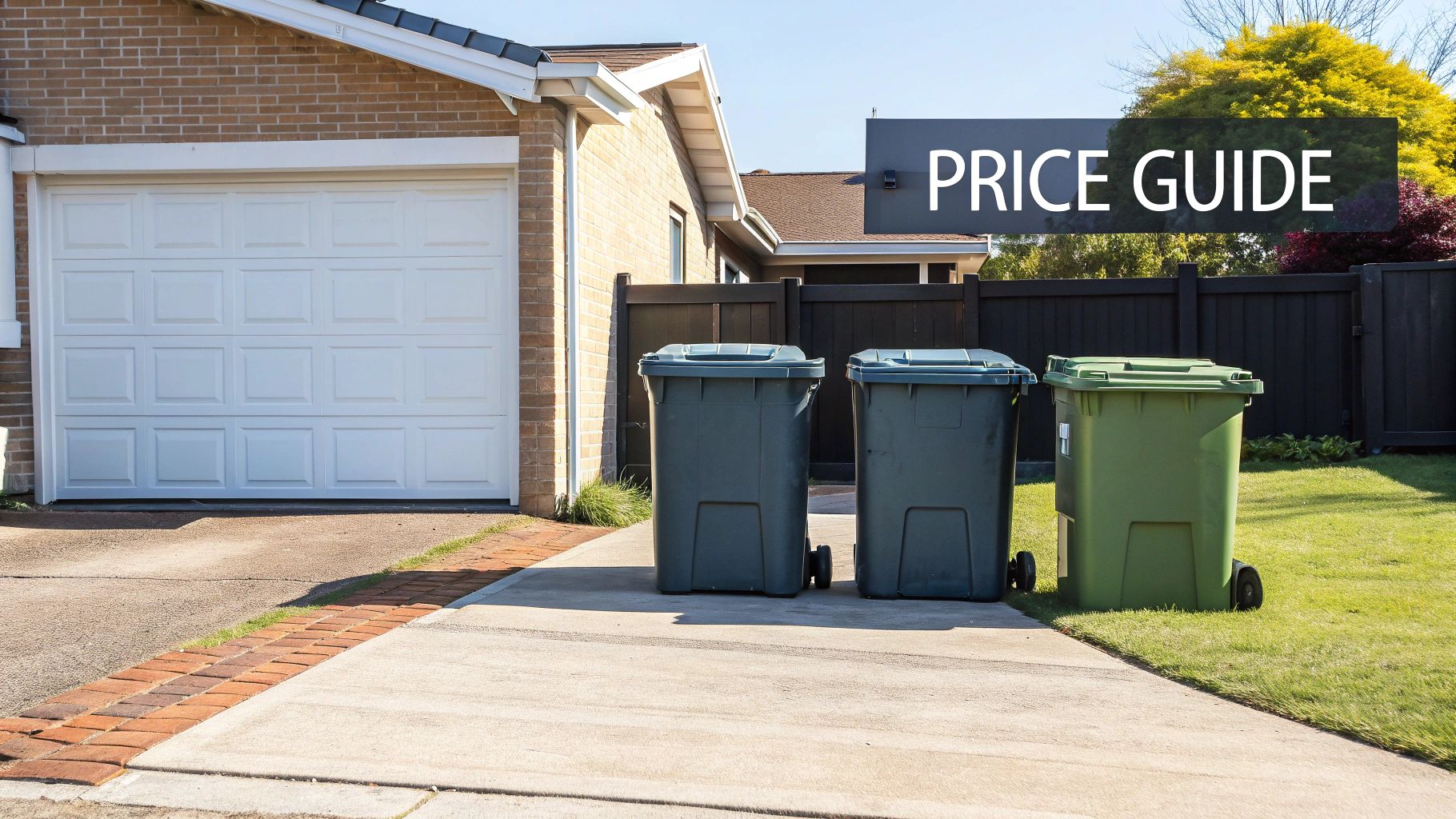 Three trash bins on a driveway in front of a house with a white garage door.