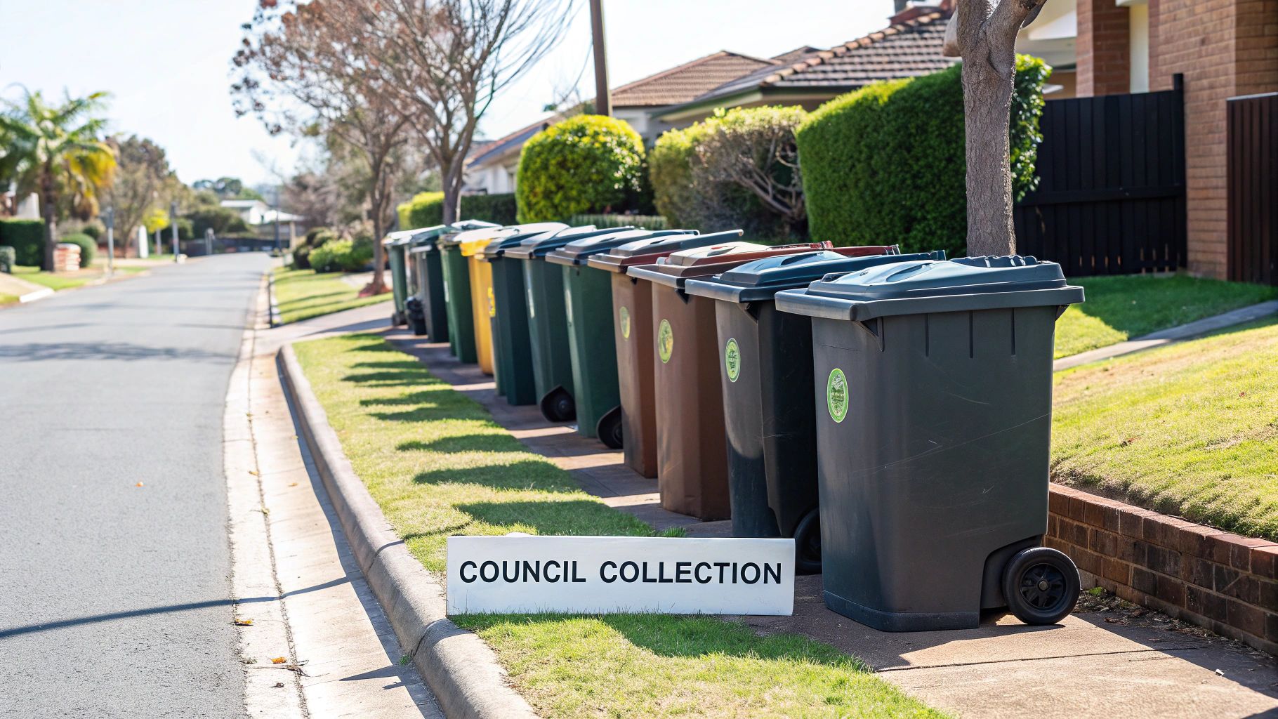 A green garden waste bin placed on the kerbside for collection