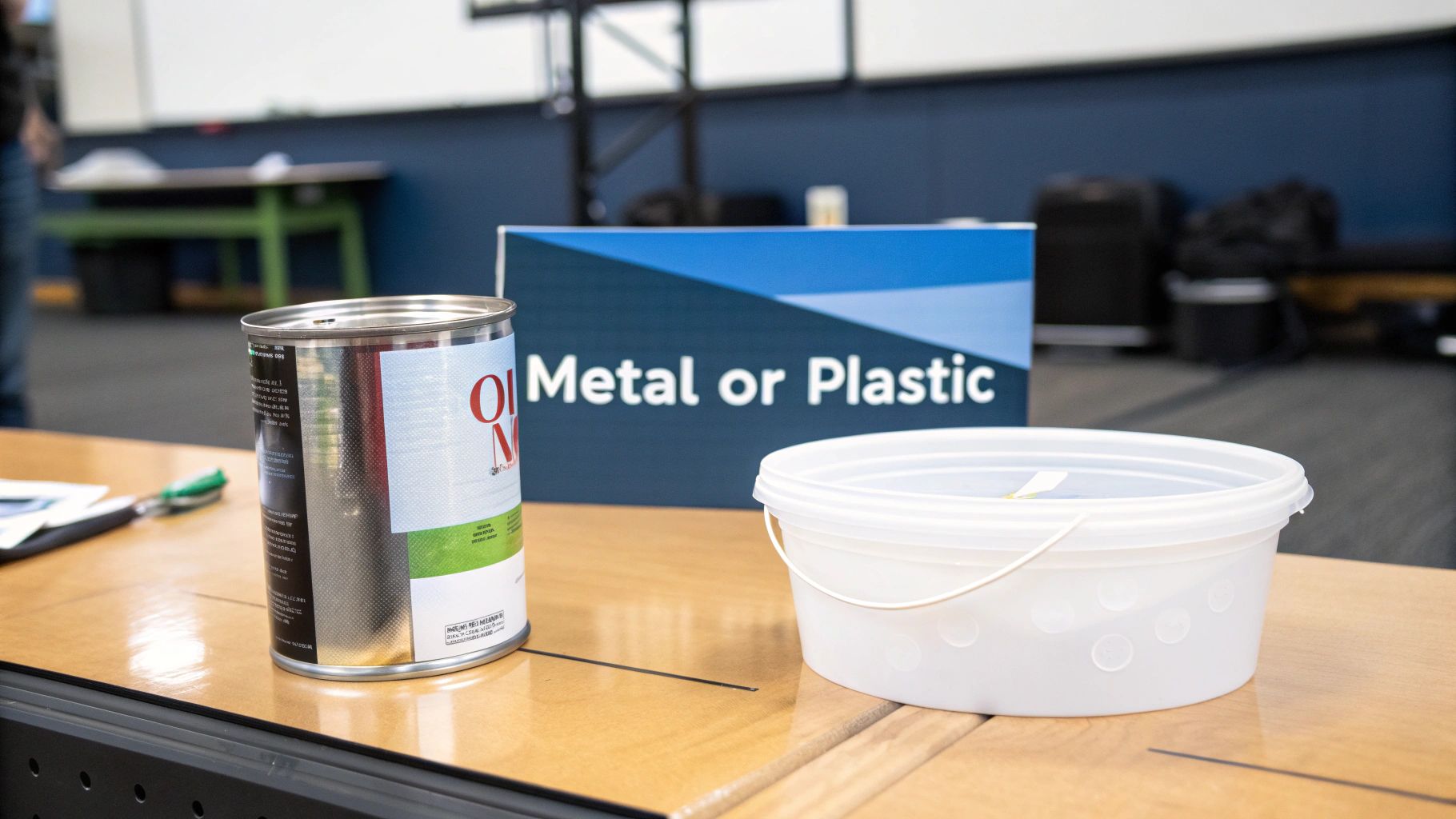 A metal paint tin and a plastic paint tub side-by-side on a wooden surface.