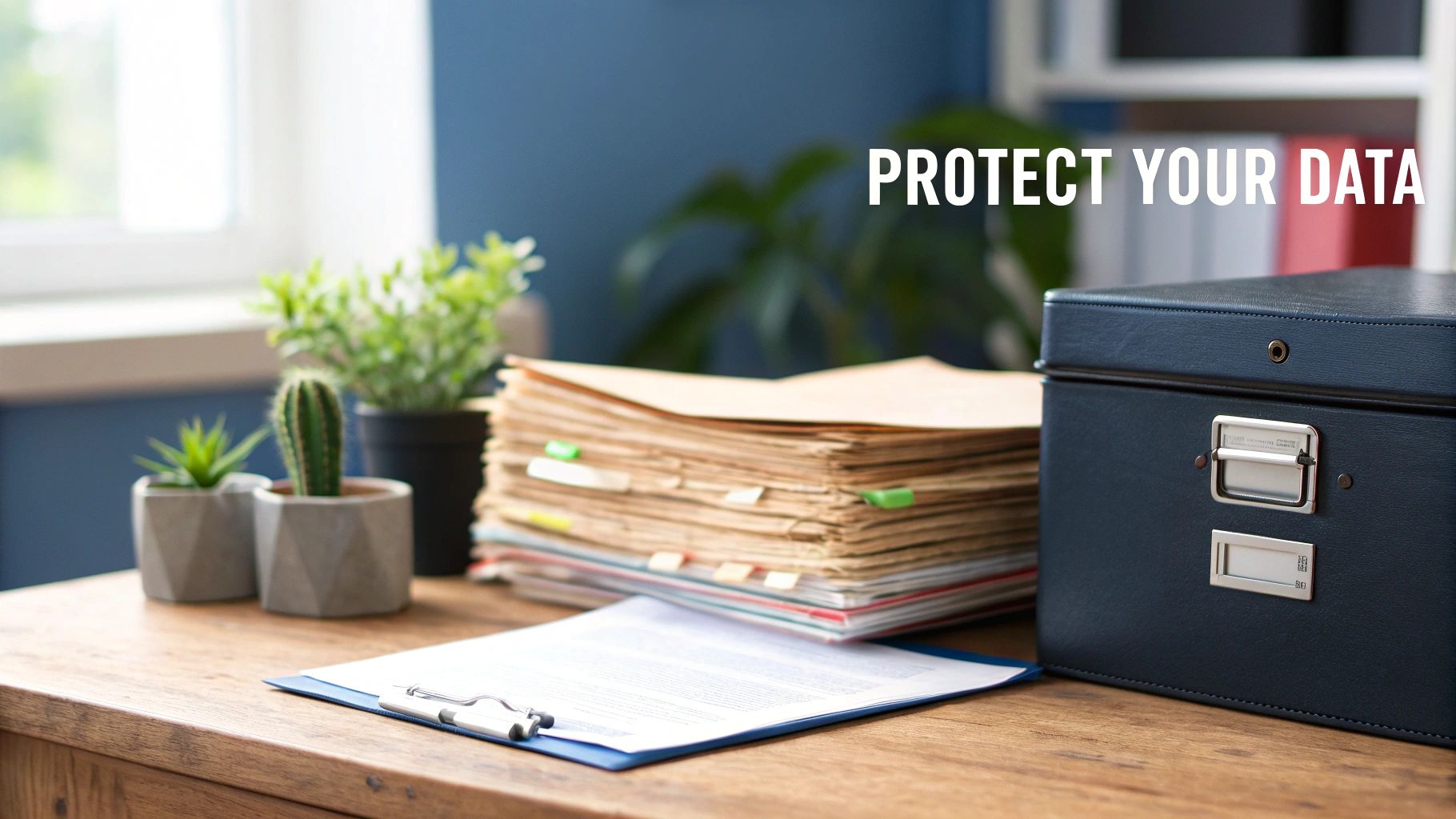 A desk with stacks of confidential documents, a secure filing box, and potted plants, illustrating data protection.
