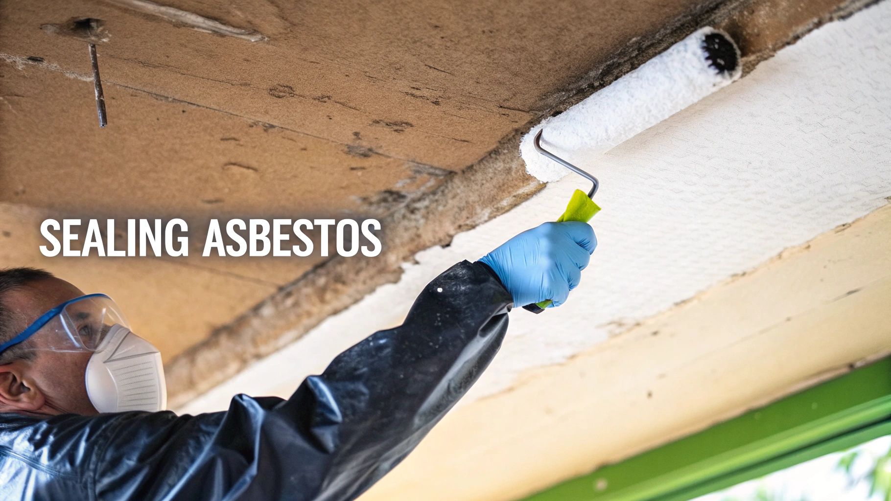 A worker in protective gear applies white sealant with a roller to an asbestos-covered ceiling.