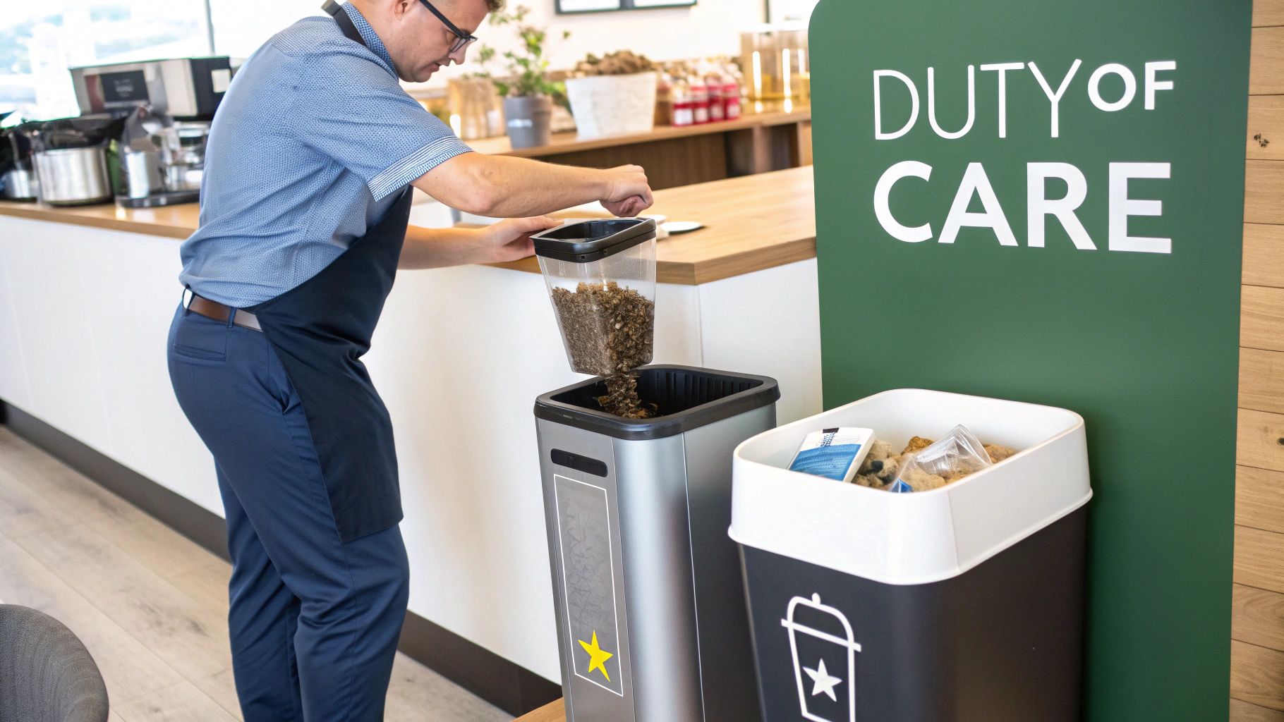 A man pours organic waste into a silver recycling bin, next to a black bin and a 'DUTY OF CARE' sign.