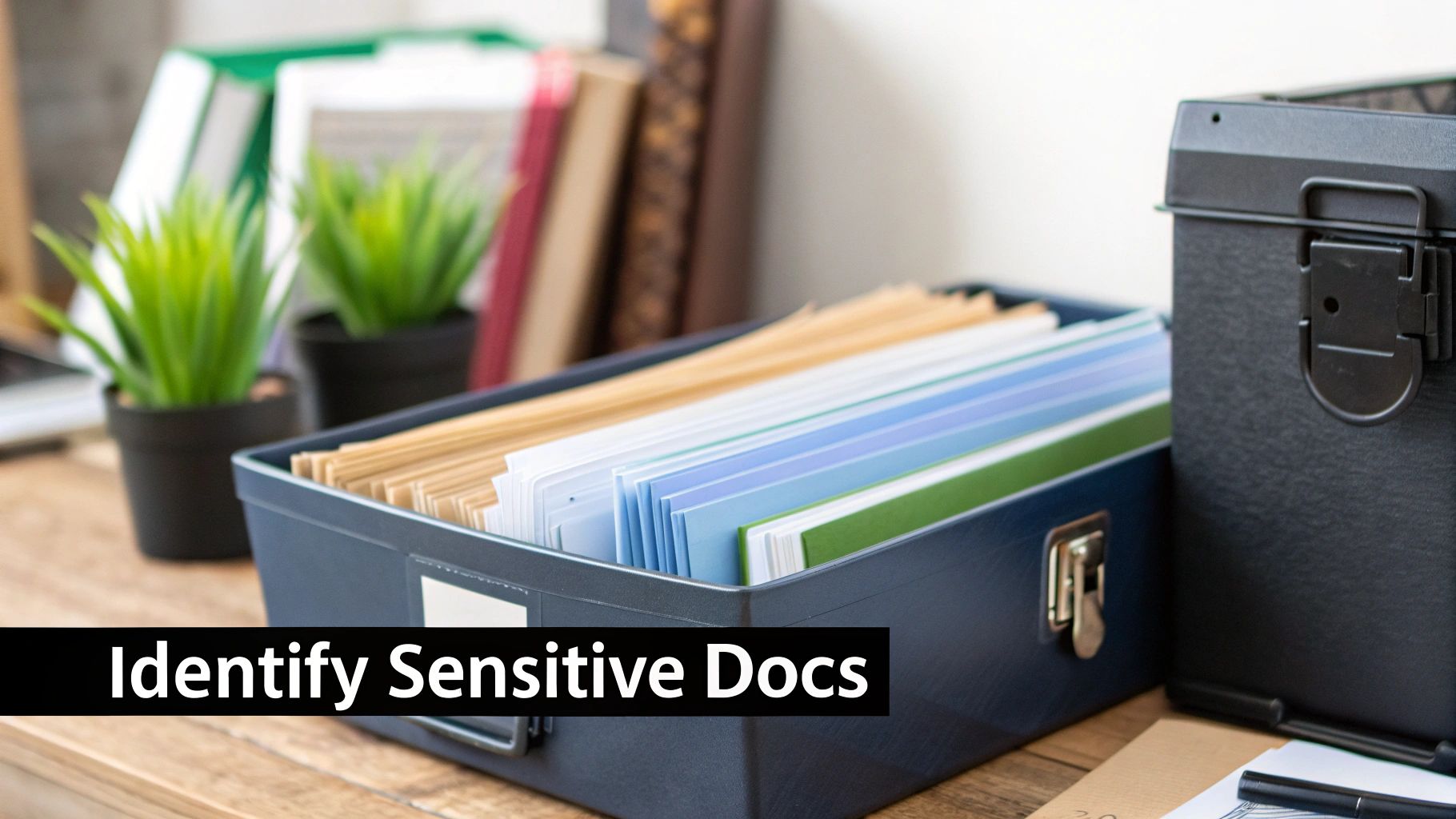 A close-up of desk with file boxes, plants, and files, with text "Identify Sensitive Docs".