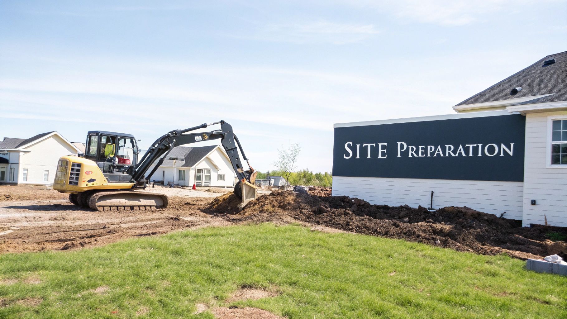 Yellow excavator digging soil during site preparation next to a sign and new houses.