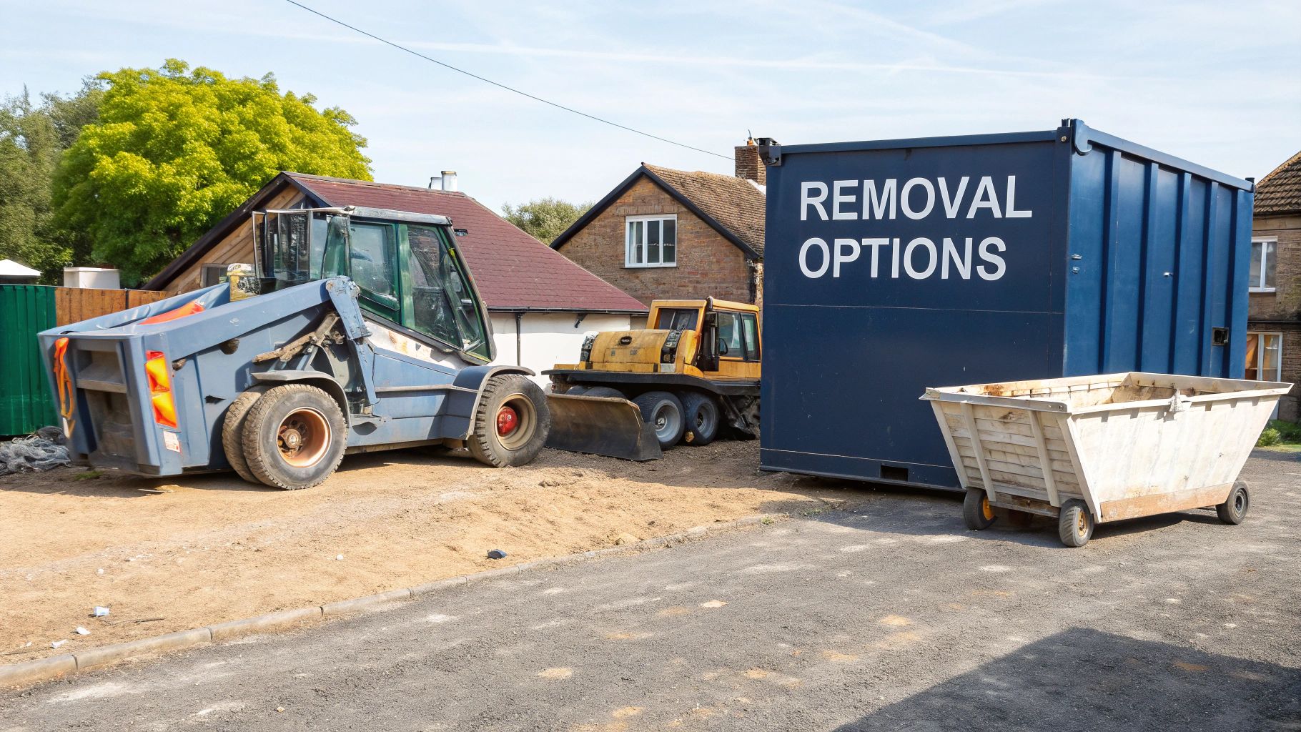 Heavy machinery and removal containers at a construction site with houses in the background.