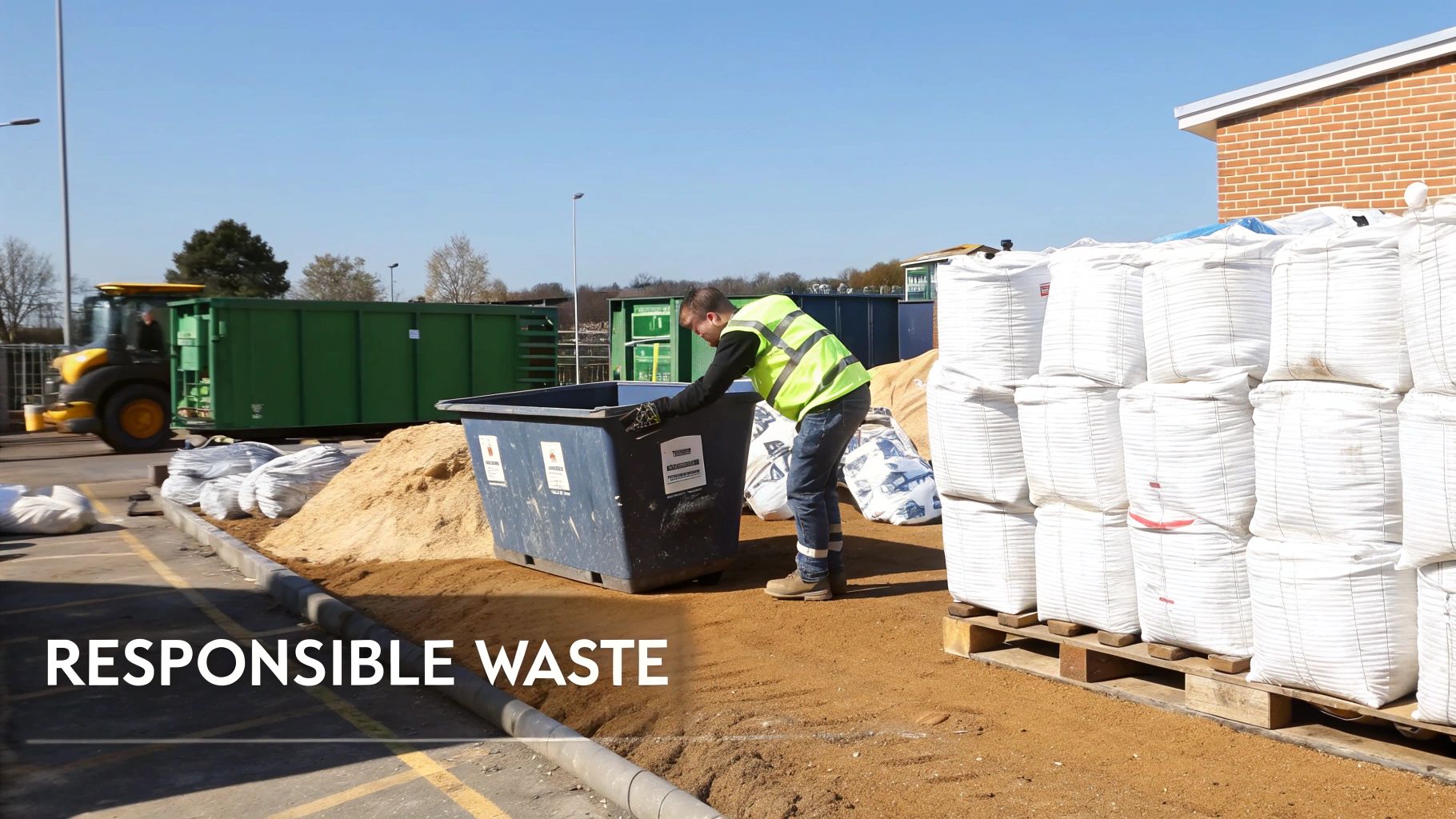A worker in a high-vis vest sorts materials into a blue bin at a waste management facility.