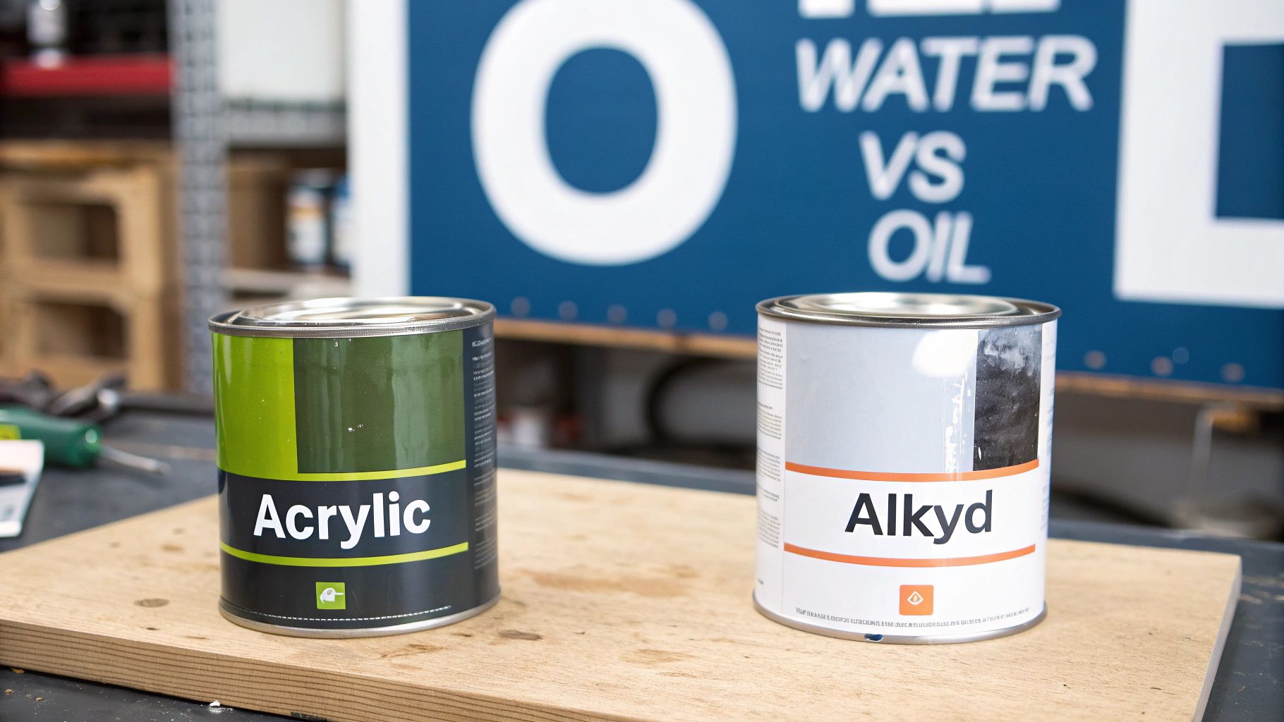 Two paint cans, Acrylic and Alkyd, on a wooden board with a 'WATER VS OIL' sign.