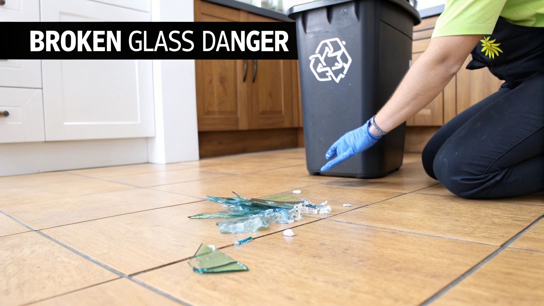 Person in blue gloves carefully cleaning up sharp broken glass from a tiled kitchen floor next to a recycling bin.
