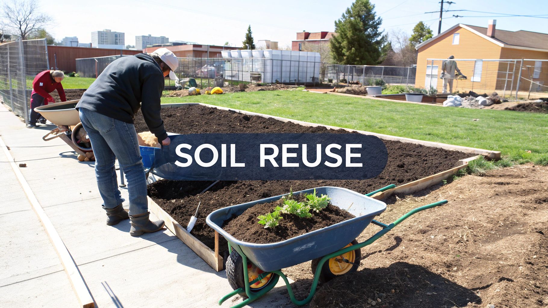 A person holding rich, dark topsoil in their cupped hands, with a green, leafy background.