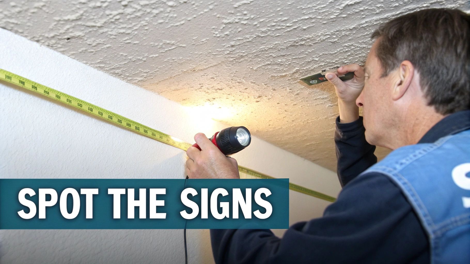 A professional inspects a textured ceiling with a flashlight and a small device, looking for signs of damage, with a measuring tape visible.