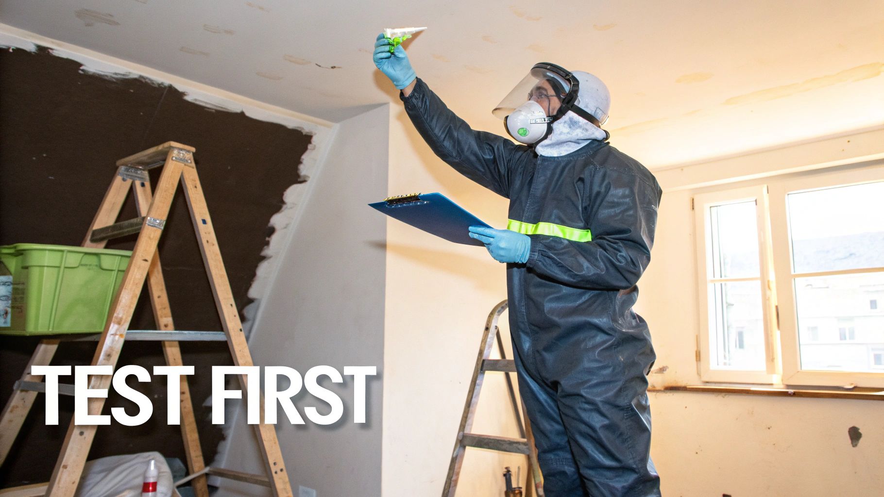 Professional in protective gear testing a ceiling for hazardous materials in a room under renovation.