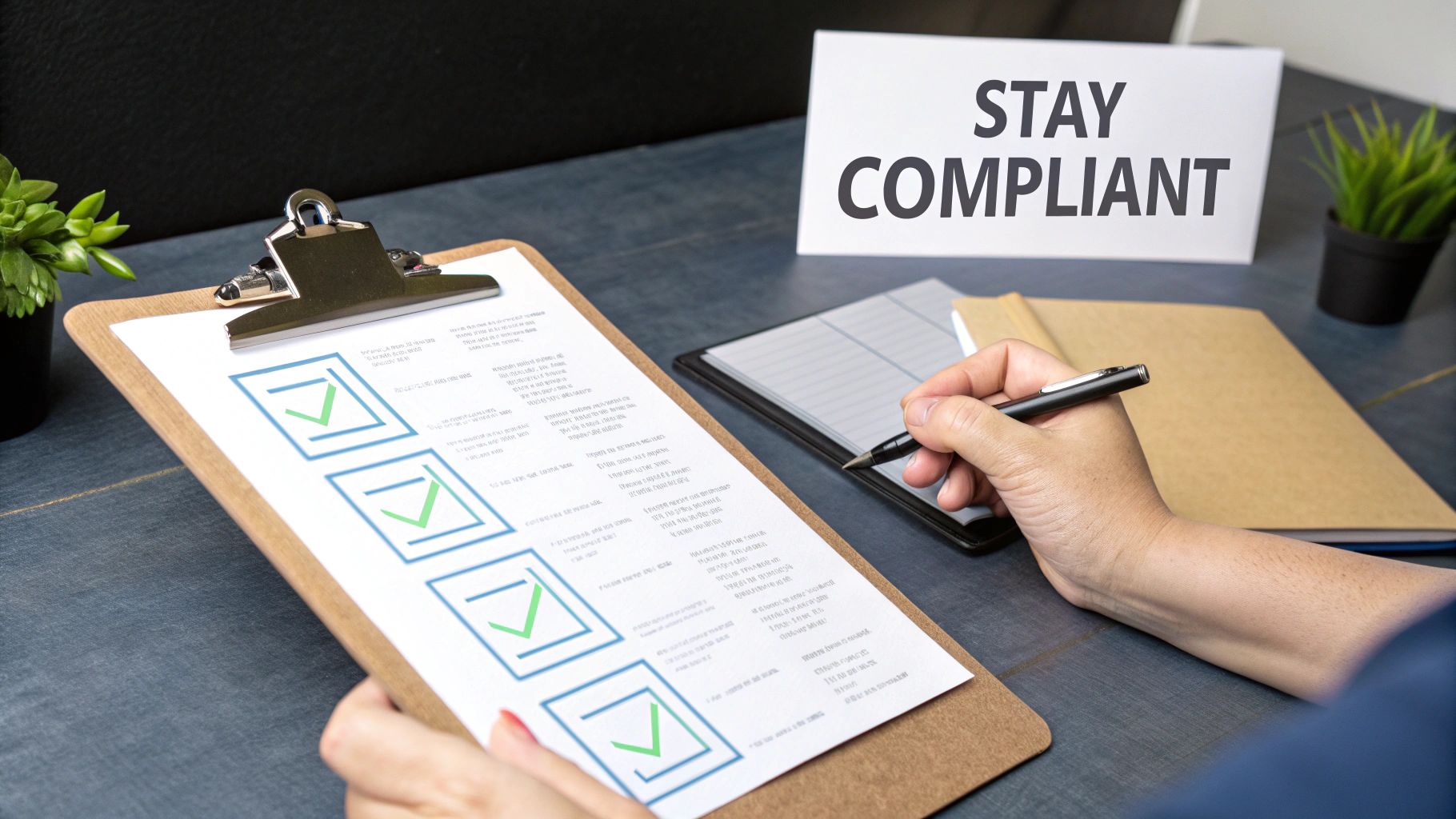Hands reviewing a compliance checklist with green checkmarks, next to a "STAY COMPLIANT" sign.