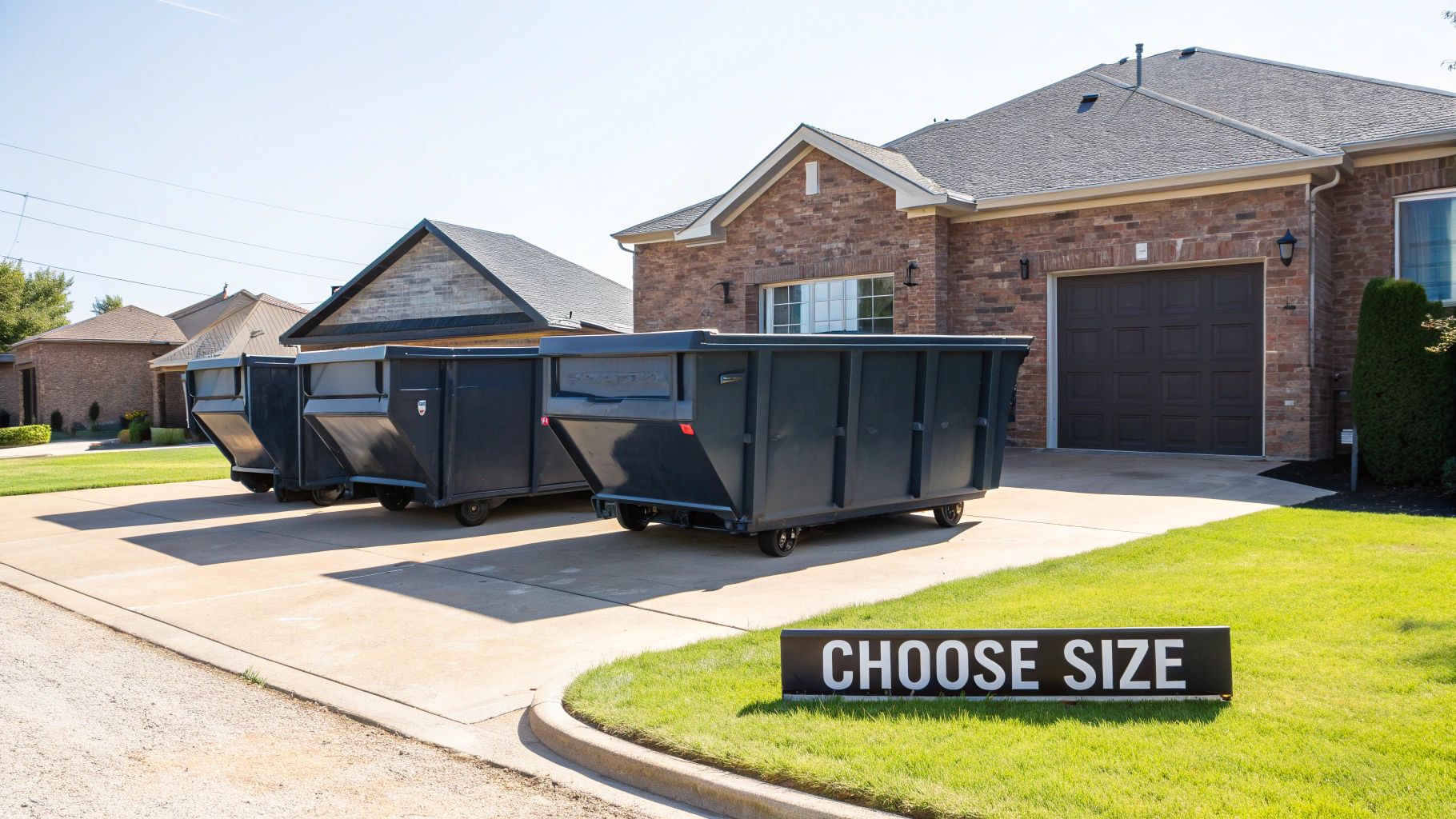 Three dark dumpsters on a residential driveway in front of houses, with a "CHOOSE SIZE" sign.