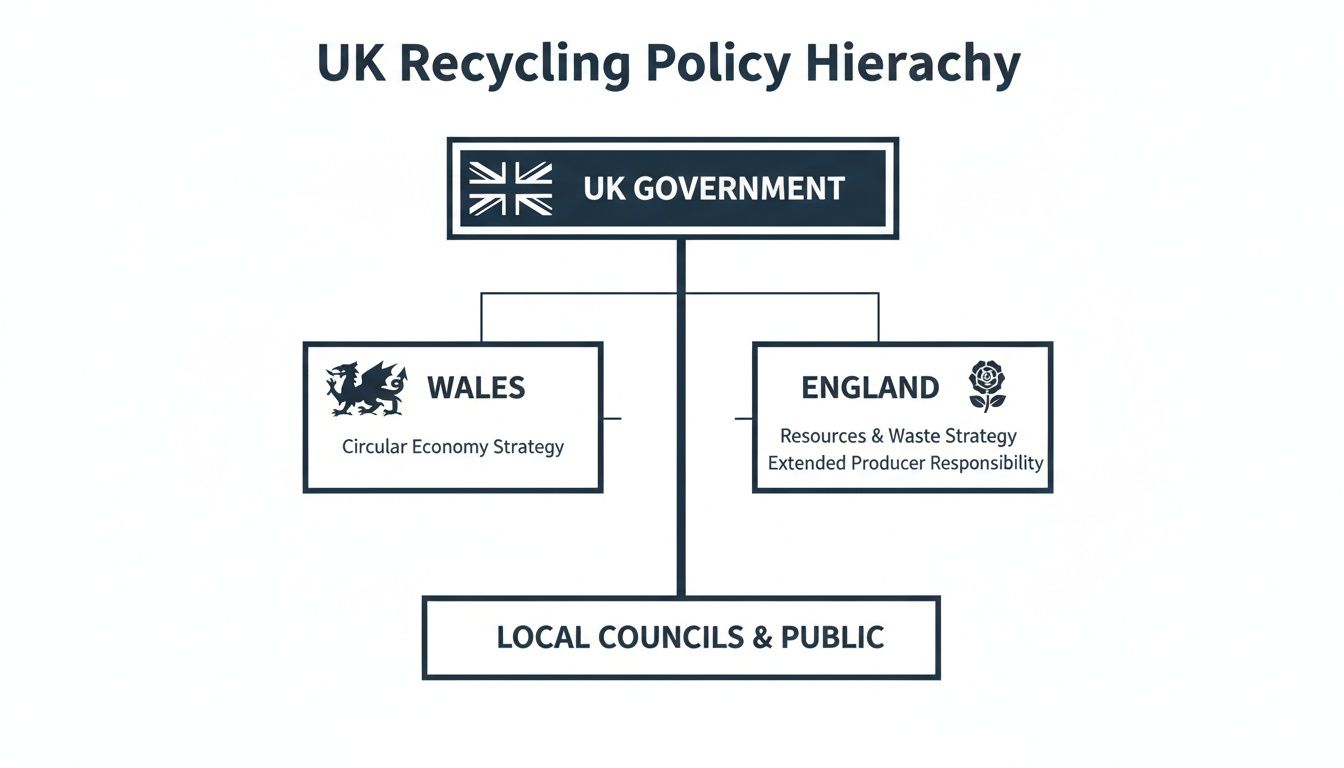 Diagram showing the UK recycling policy hierarchy: UK Government, Wales, England, and Local Councils.