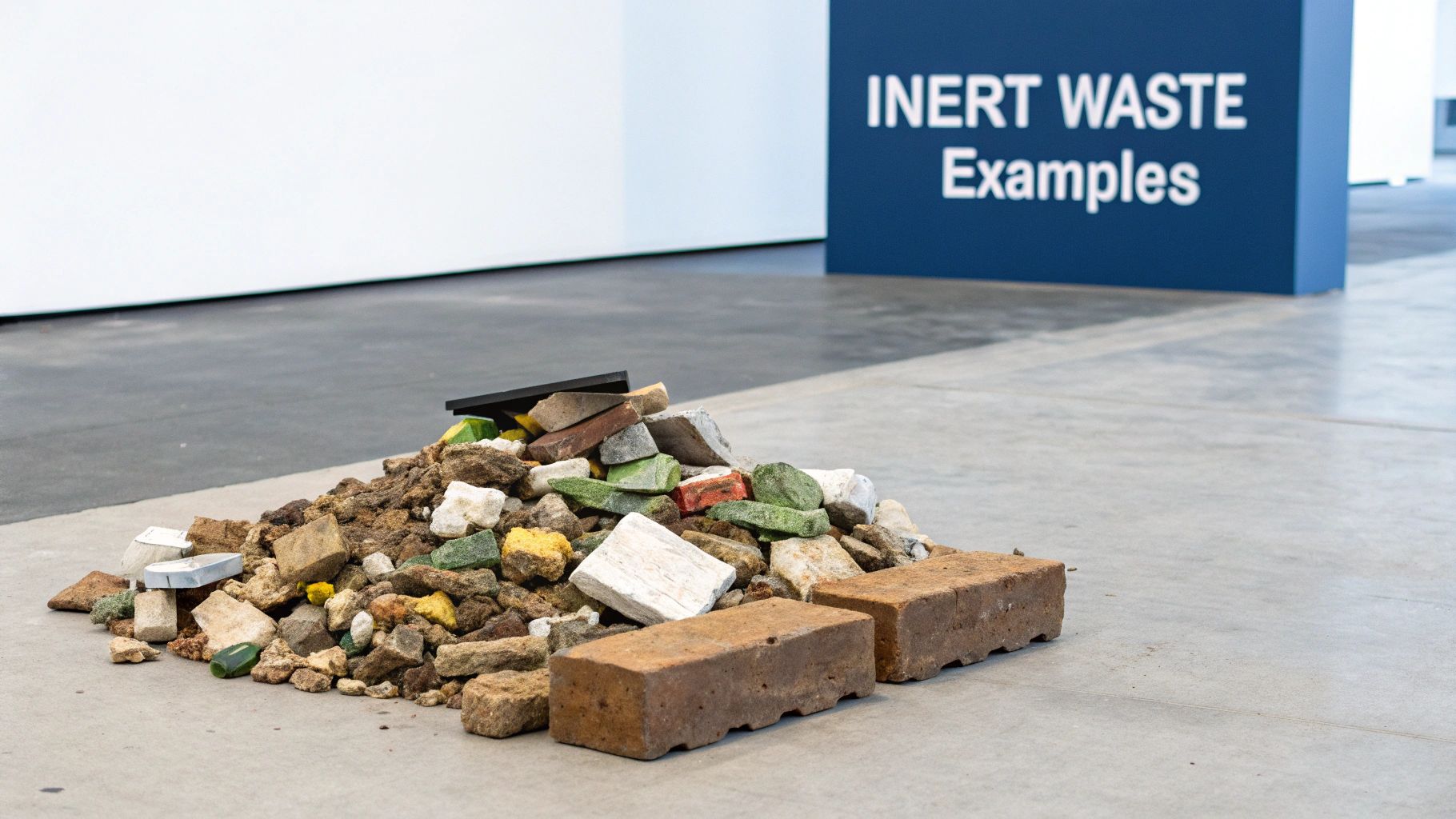 Pile of construction debris including bricks, tiles, and rubble in front of inert waste examples sign