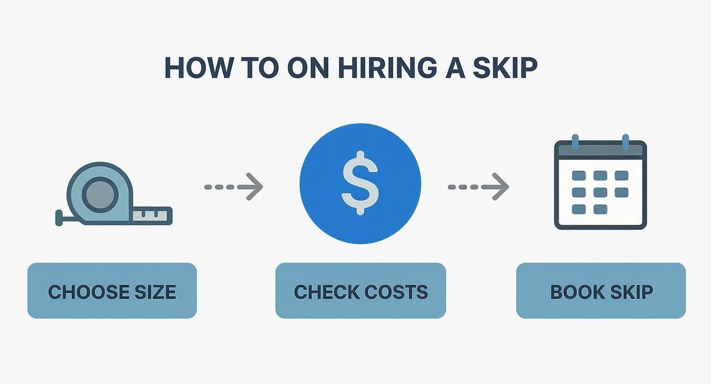 A simple infographic outlining three steps to hiring a skip: choose size, check costs, and book.
