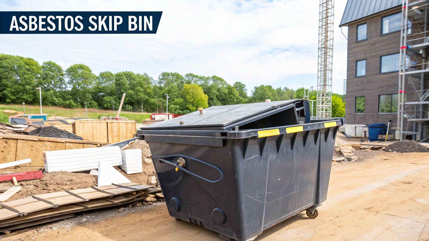 A yellow asbestos skip bin being delivered to a residential property