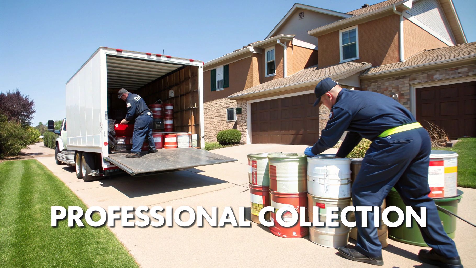 Workers professionally collecting and loading barrels of old paint into a truck at a residence.