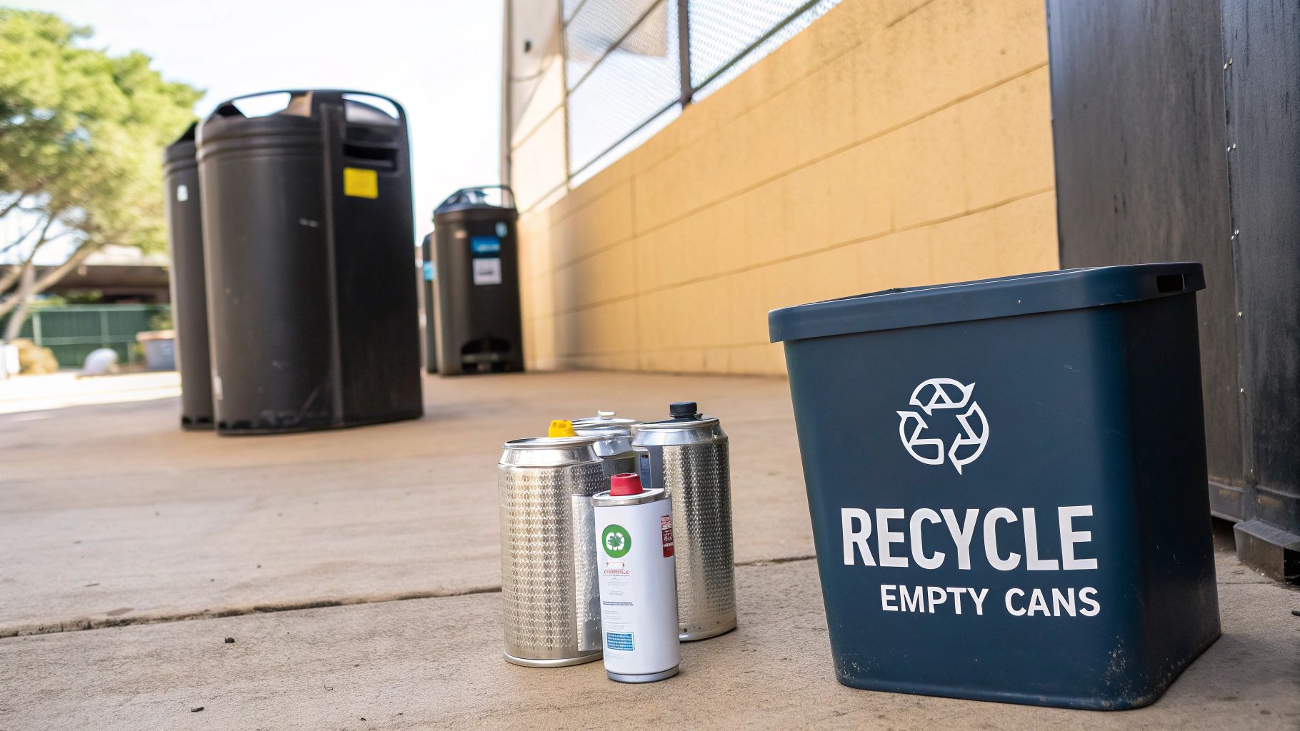 A blue recycling bin for empty cans with metal cans and other bins on pavement.