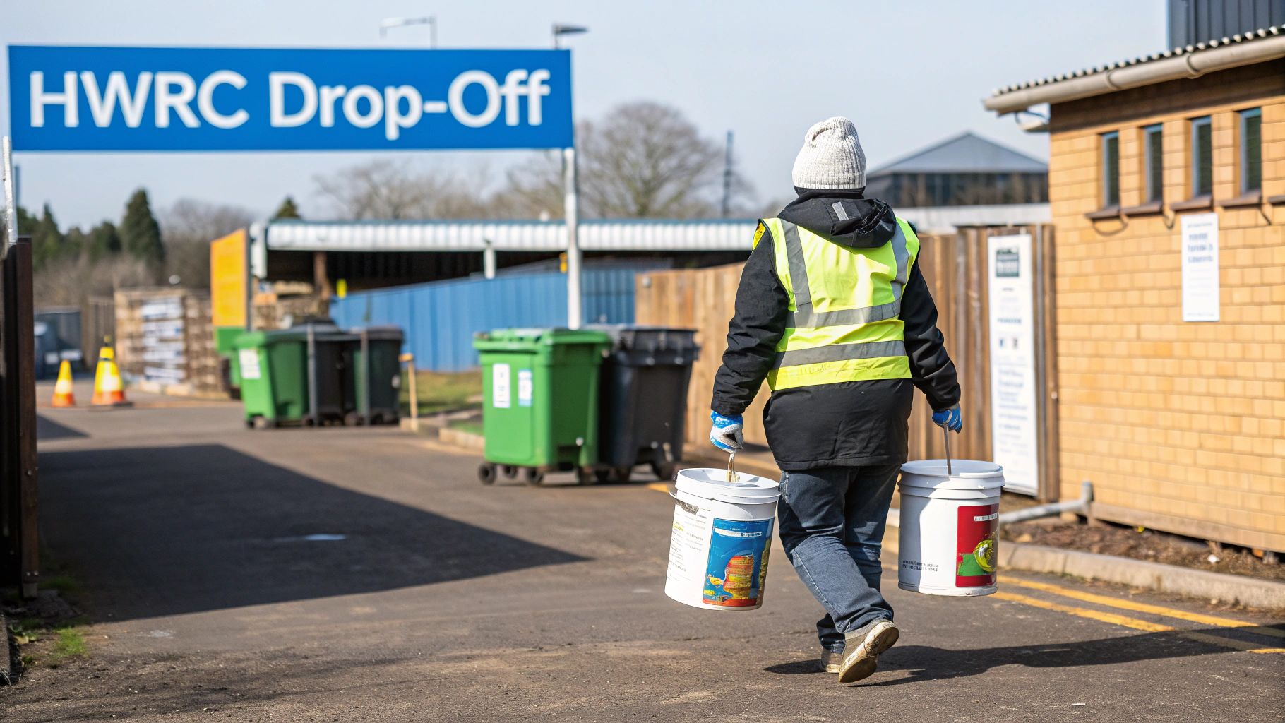 A person at a recycling centre, placing a paint tin into the correct container.