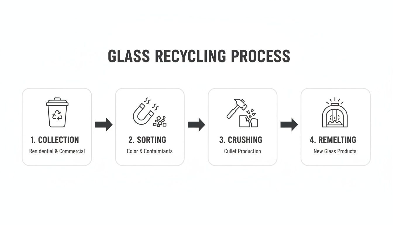 A four-step diagram illustrating the glass recycling process from collection to remelting and new products.