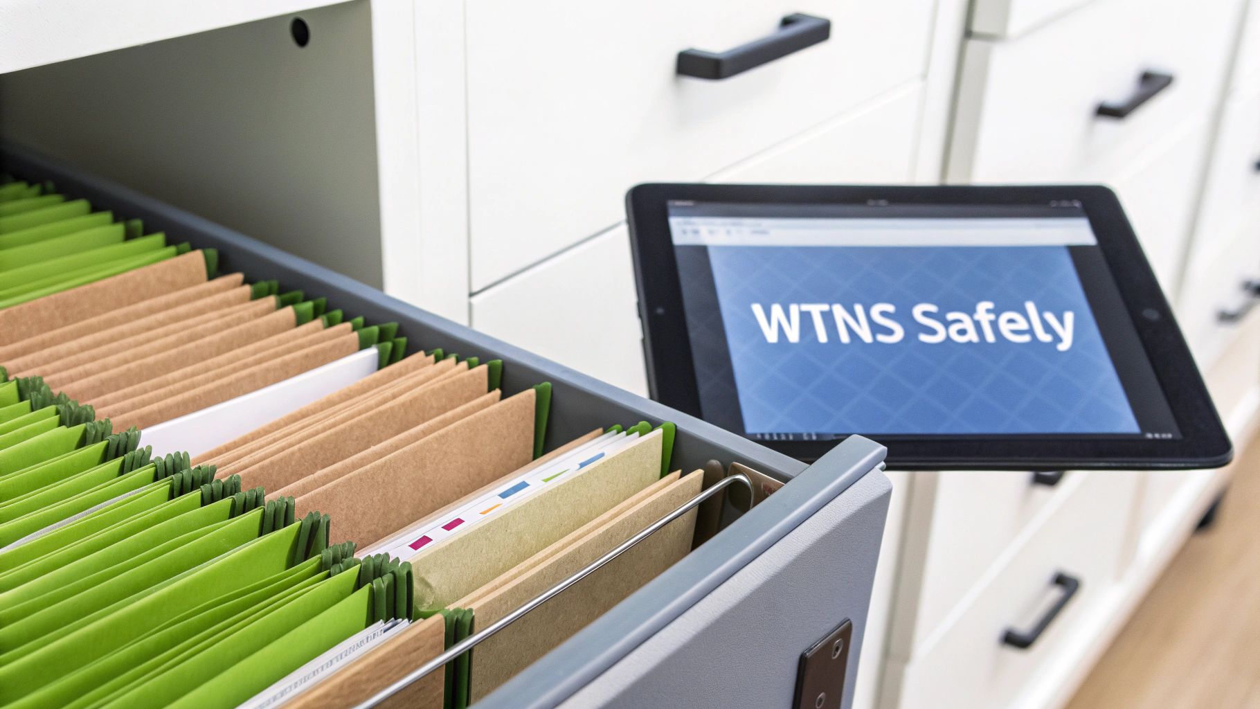 A person signing a document on a clipboard in a warehouse setting