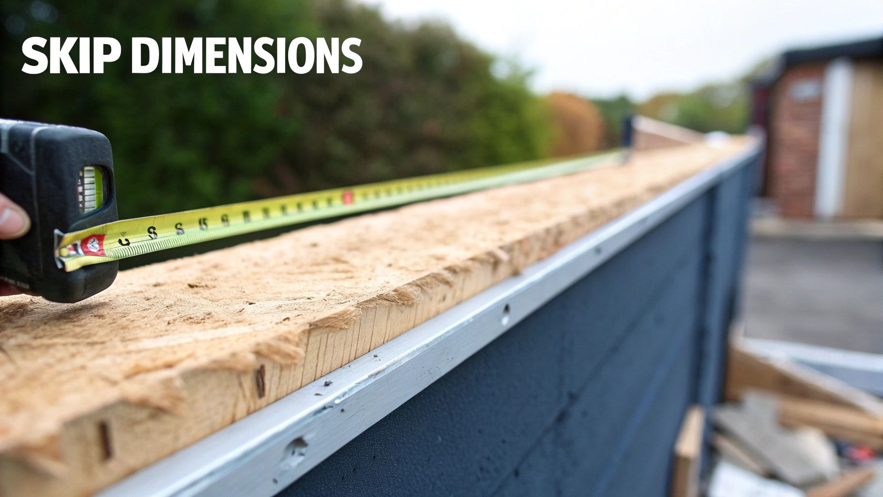 A person uses a yellow tape measure to determine the dimensions of a skip, with text 'SKIP DIMENSIONS'.