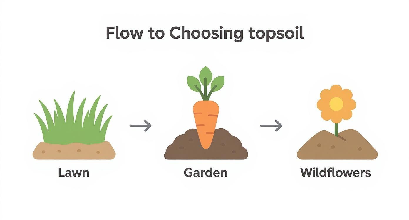 A flow chart showing how to choose topsoil for lawn, garden (carrots), and wildflowers.