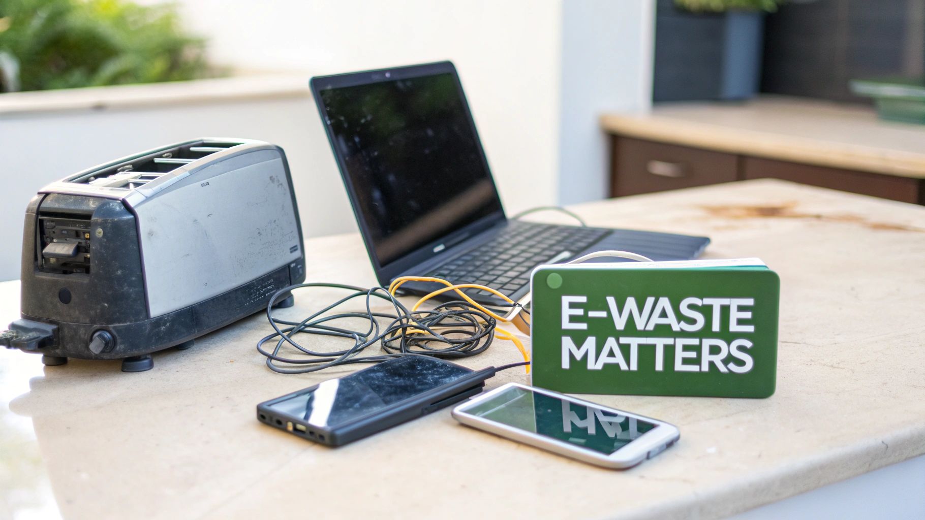 Discarded electronic devices including a toaster, laptop, and smartphones on a table with an 'E-WASTE MATTERS' sign.