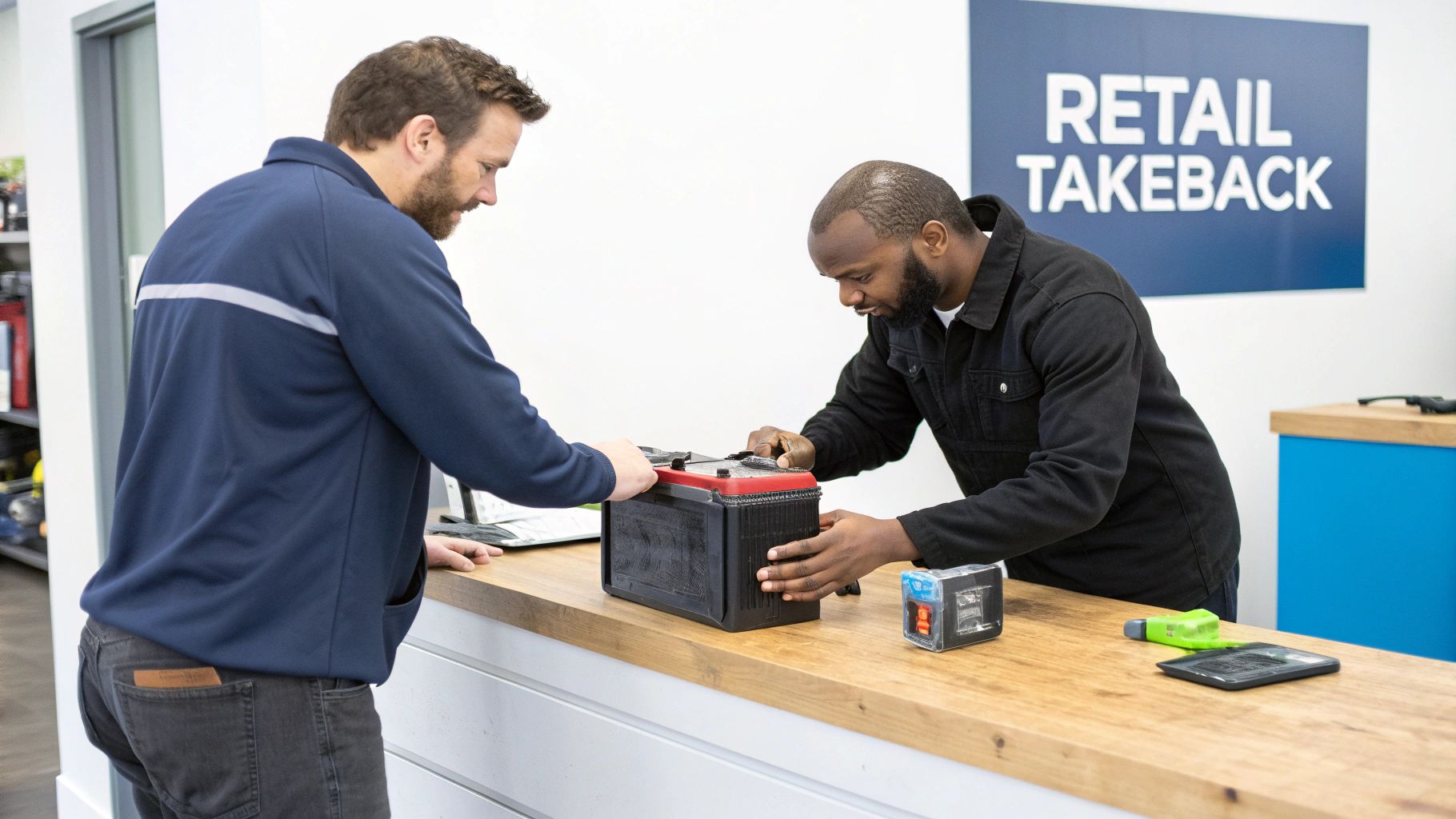 Two men are at a counter, one assisting with the disposal of a car battery.