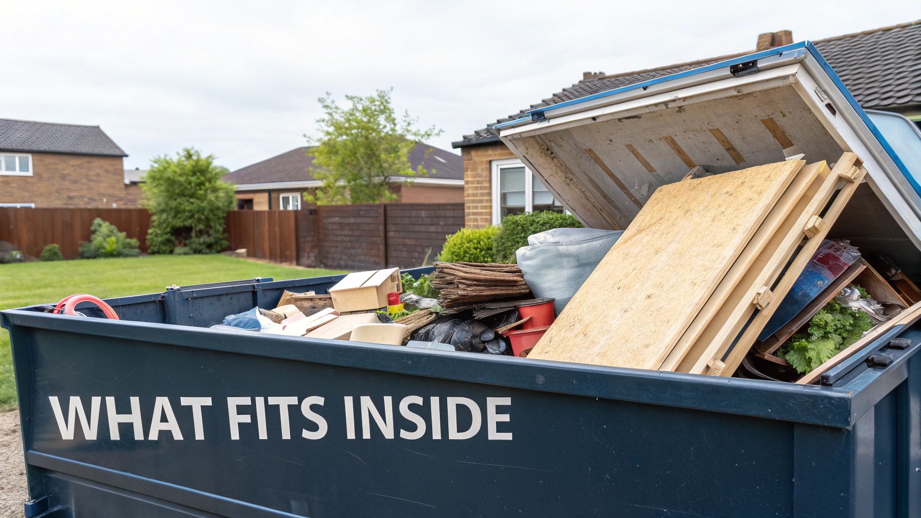 A 4-yard skip filled with garden waste on a residential driveway