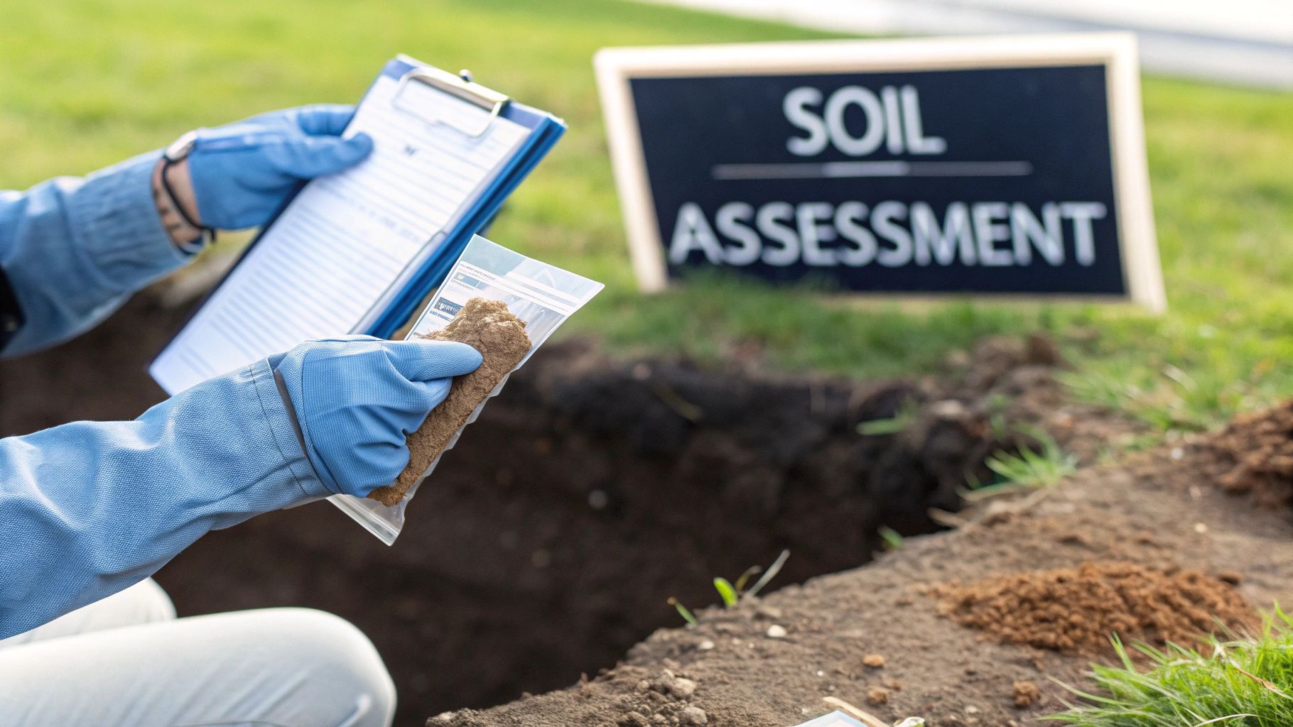 A person in blue gloves examines a soil sample in a bag and clipboard during a soil assessment.