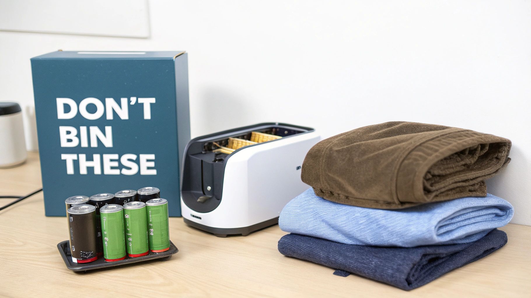 Recyclable materials including batteries, a toaster, and textiles displayed on a wooden table.