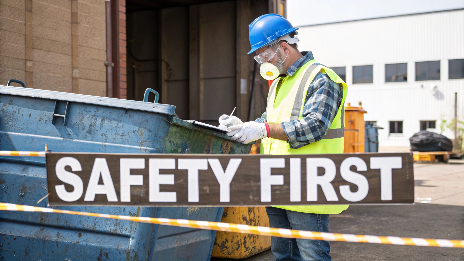 Industrial worker in PPE checking bins at a waste transfer station with a safety sign.