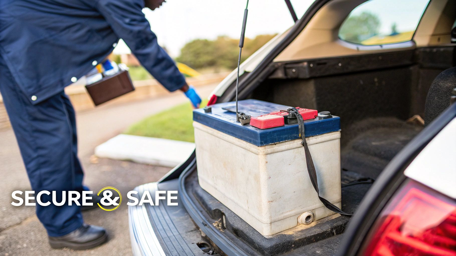A technician in blue uniform and gloves safely handles a car battery in a vehicle's trunk.