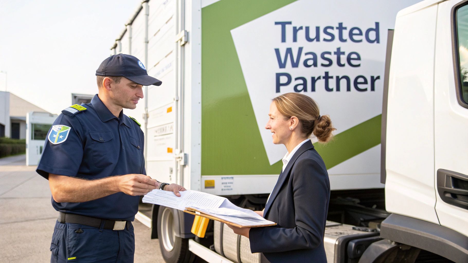 A uniformed man and a businesswoman review documents next to a commercial waste collection truck.