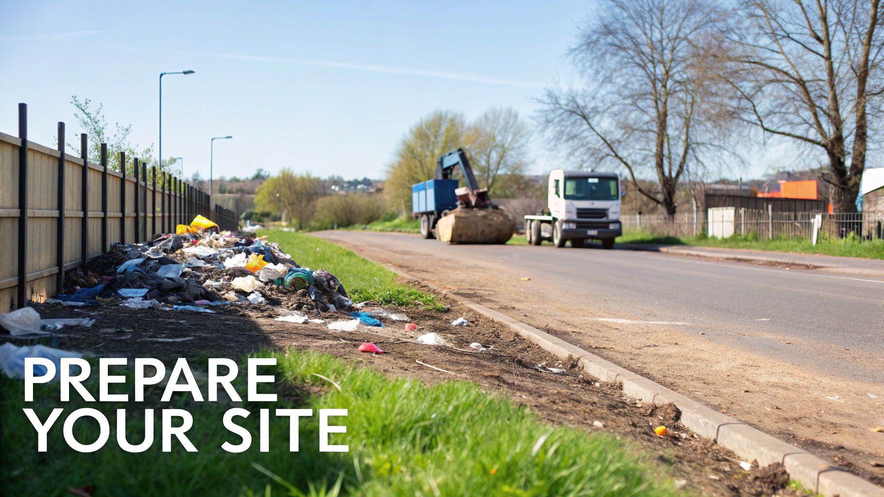 A grab lorry and another truck near a large pile of garbage on a road side, illustrating site clearance.