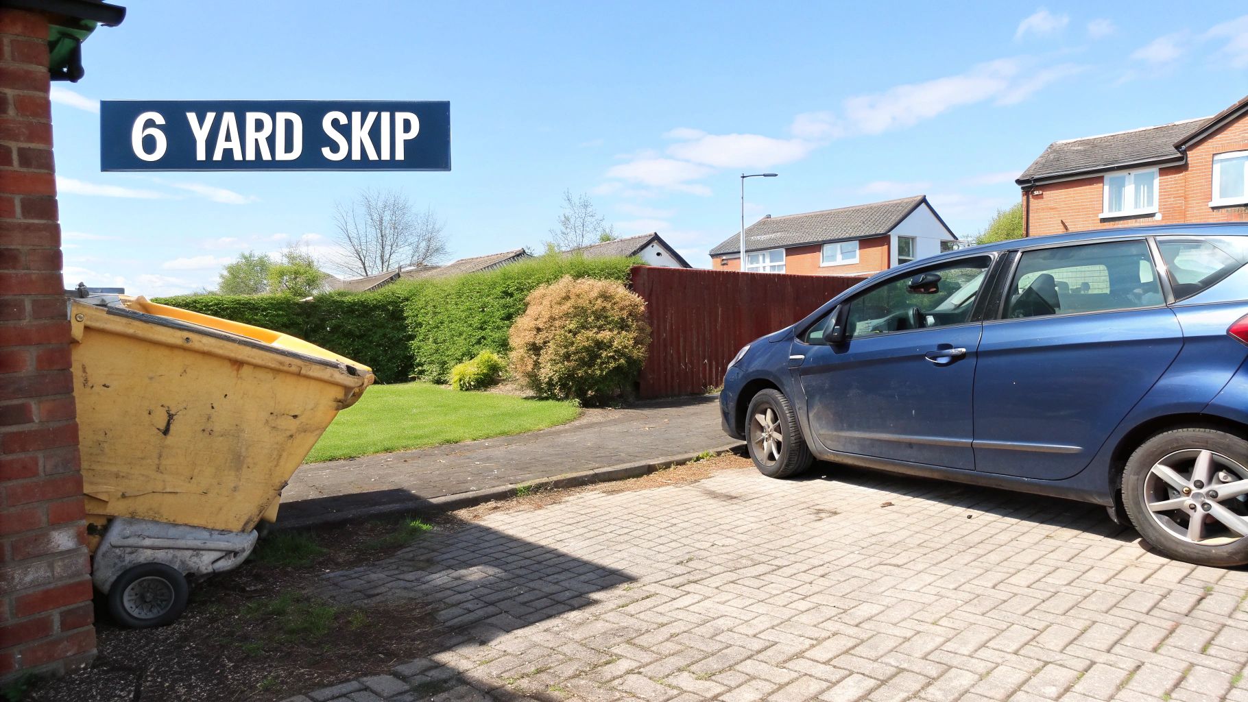 A 6 yard skip ready for use on a residential driveway